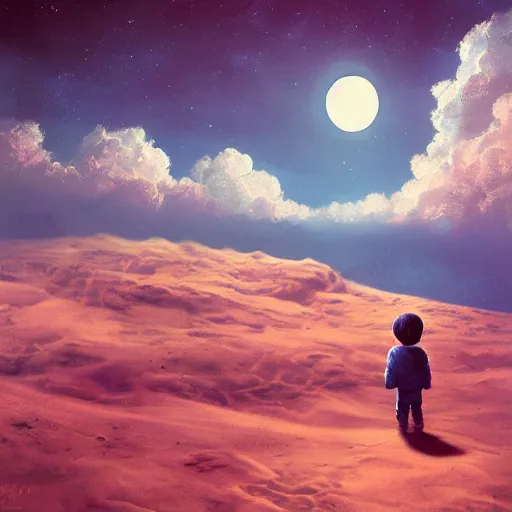 Prompt: a little boy with a blue scarf sits on the moon and looks into the warm abyss of space, he dreams of a terminal future, surreal photography, moon light, dark night, dramatic, impressionist painting, clouds, digital painting, artstation, simon stalenhag