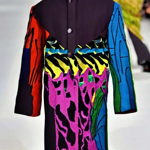 Image similar to A colorful avant-garde coat designed by Yohji Yamamoto, Raf Simons, Dries Van Noten