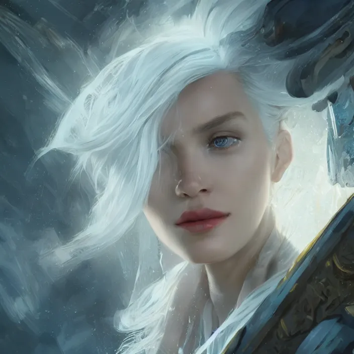 Prompt: a realistic detail portrait of a beautiful female angle has white hair in atlantis, magic, dragon, ink painting by julian calle, wlop, greg rutkowski, finnian macmanus, syd mead trending on artstation, red and yellow scheme, 8 k, unreal engine, wide - angle lens