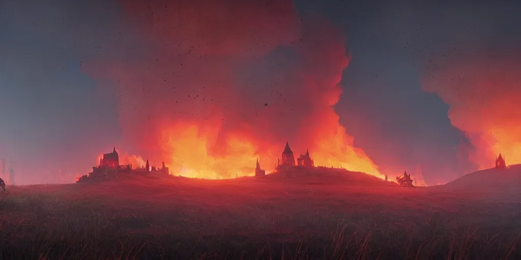 Prompt: a royal medieval castle on fire, in the distance, on top of a hill, burning down, intense flames, landscape by simon stalenhag, rendered by beeple, by makoto shinkai, digital art
