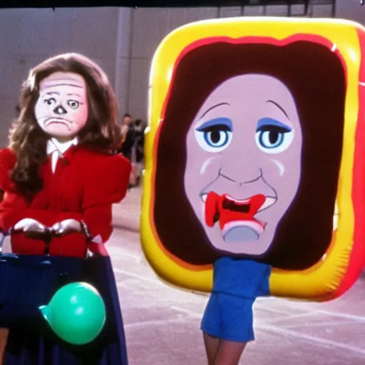 Prompt: a teenage girl with an inflatable cartoon head goes to high school live-action john waters film 1974 technicolor