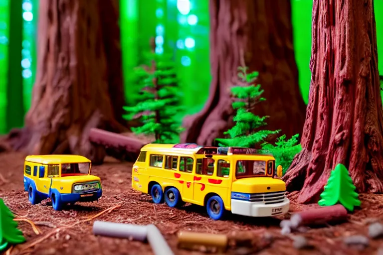 Image similar to fisher price redwood forest, california scene from tv show hyper detailed 5 5 mm 8 5 mm, toy photography, made out of plastic