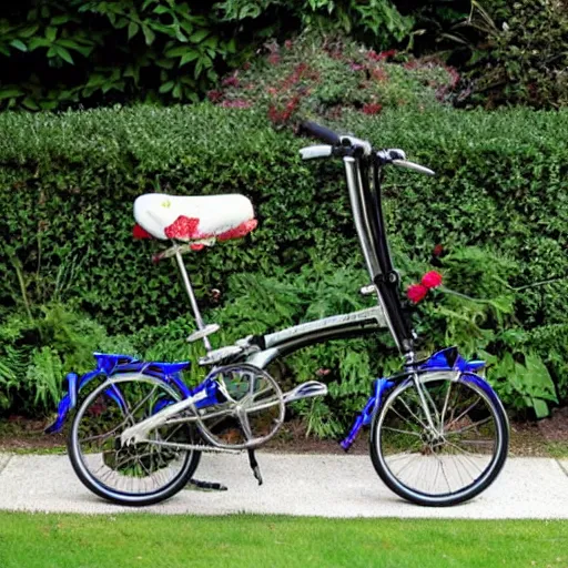 Prompt: a uk folded brompton bike in a garden, by takato yamamoto