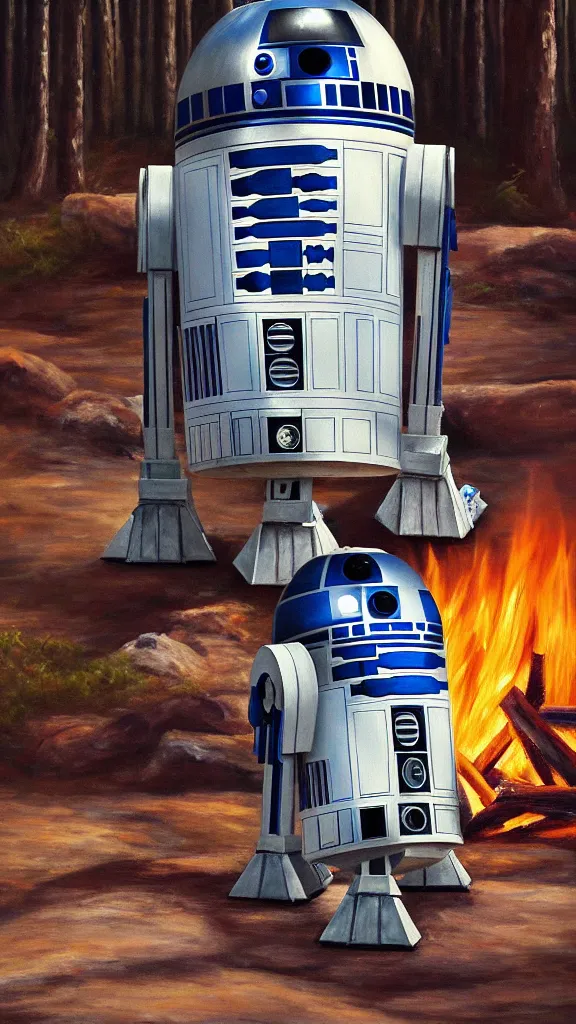 Image similar to an oil painting of r 2 - d 2 sitting by the fire at the ewok encampment. color harmony, 8 k detail, gallery quality, hd wallpaper, premium prints available, hyper - detailed, intricate design.