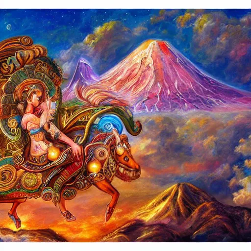 Image similar to a goddess riding a ram while checking her cell phone, erupting volcano and sunrise in distance in background, painting by josephine wall, senior concept artist, acrylic on canvas, intricately detailed, high resolution trending on artstation