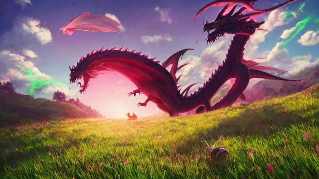 Prompt: sunny grassy field with a huge dragon worm bursting through the ground, pink and green grass, bright, vibrant, by sylvain sarrailh, rossdraws, ambient light, ultra detailed, fantasy artwork, 8 k, volumetric lighting, trending on artstation, award winning, beautiful scenery, very beautiful.