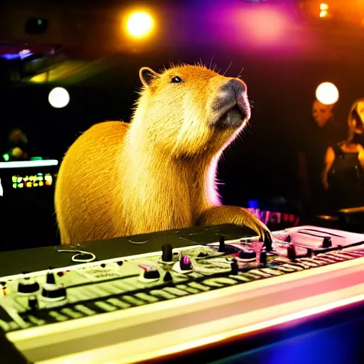 Image similar to Capybara DJing at a nightclub, HD photograph, by Michael Mann