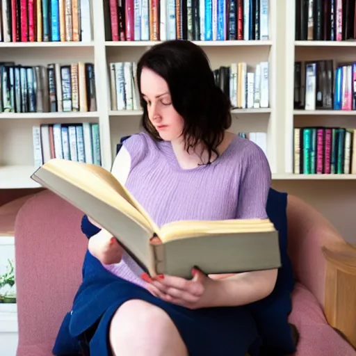 Image similar to Scottish woman with dark hair and pale skin reading a book