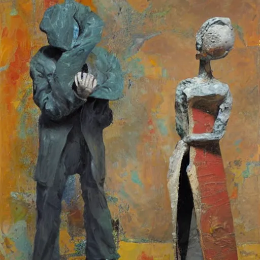 Image similar to an impasto painting by shaun tan of an abstract sculpture by the caretaker and john chamberlain ( 1 9 0 0 )