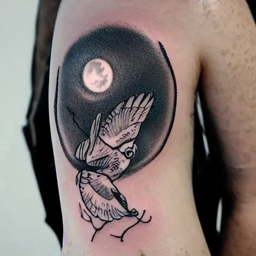 Image similar to tattoo of owl flying at night through fog in the forest lit by the full moon