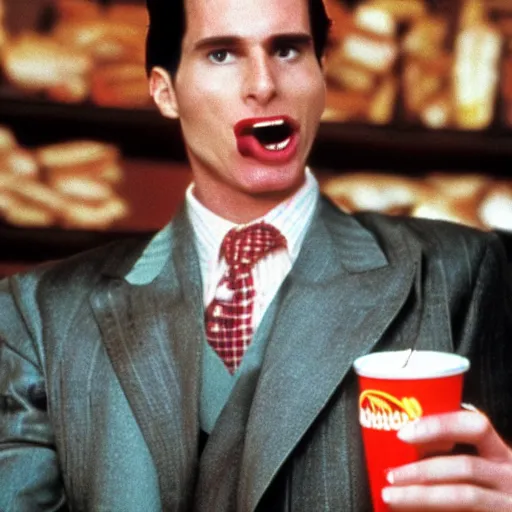 Image similar to patrick bateman eating a double bacon quarterpounder from mcdonalds, and holding a large coke