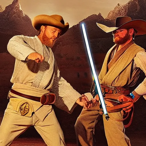 Image similar to “ obi wan kenobi in a fight with a cowboy, wild west, western, highly detailed ”