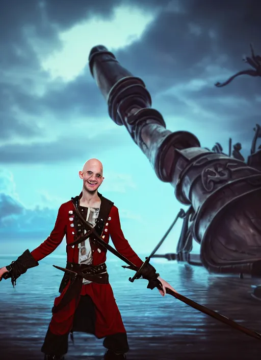 Prompt: An epic fantasy comic book style portrait painting of a skinny white bald sky-pirate with a goofy expression sitting in front of a ship's cannon, unreal 5, DAZ, hyperrealistic, octane render, cosplay, RPG portrait, dynamic lighting