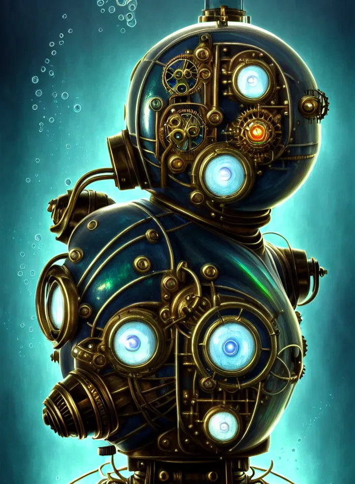 Image similar to symmetry!! close face portrait of a steampunk robot from bioshock, vintage, iridescent metal!! underwater atmosphere, intricate, serene, highly detailed, digital painting, artstation, symmetric concept art, smooth, sharp focus, illustration, art by artgerm and greg rutkowski and alphonse mucha, 8 k