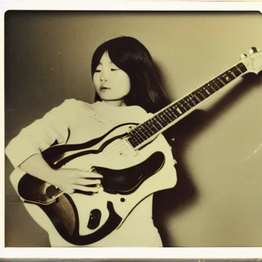 Image similar to a polaroid of a female japanese artist playing an archtop electric guitar, 1 9 7 0 s