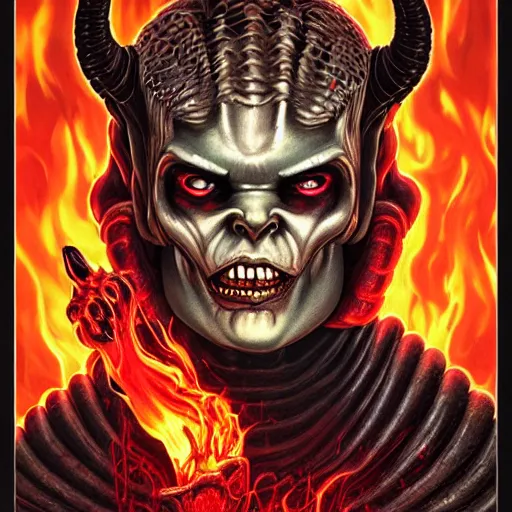 Image similar to doom demon giger portrait of satan, fire and flame, horns, Pixar style, by Tristan Eaton Stanley Artgerm and Tom Bagshaw.