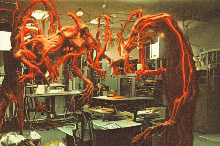 Prompt: a scary filmic wide shot color ground level angle movie still 35mm film photograph of the full body of a dangerous shape shifting alien creature, with multiple mutated snarling drooling human faces with a grotesque variety of human and animal limbs protruding from its lower torso inside of a 1970s science lab, neon lights, dirty, ektachrome photograph, volumetric lighting, f8 aperture, cinematic Eastman 5384 film