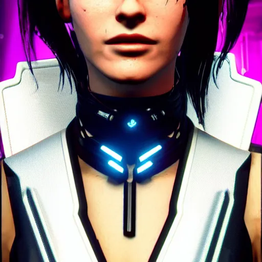 Image similar to female V from Cyberpunk 2077 wearing spiked steel choker, steel collar, steel choker, punk, steel collar, 4K, realistic, spiked collar, portrait, art, beautiful,