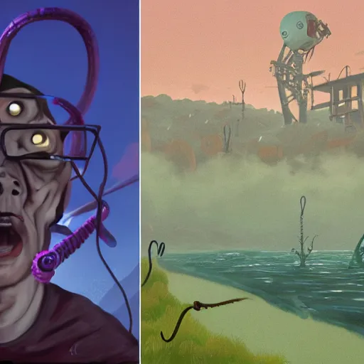 Image similar to ricky berwick, simon stalenhag, horror, eldritch horror, foggy