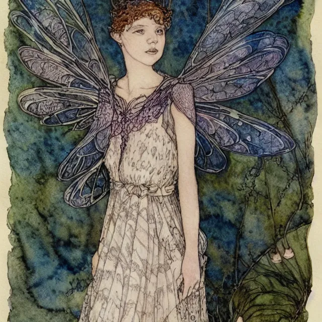 Image similar to a detailed, intricate watercolor and ink portrait illustration with fine lines of young 1 4 year old scarlett johannson as a fairy with dragonfly wings from her shoulders in a dress, by arthur rackham and edmund dulac and lisbeth zwerger