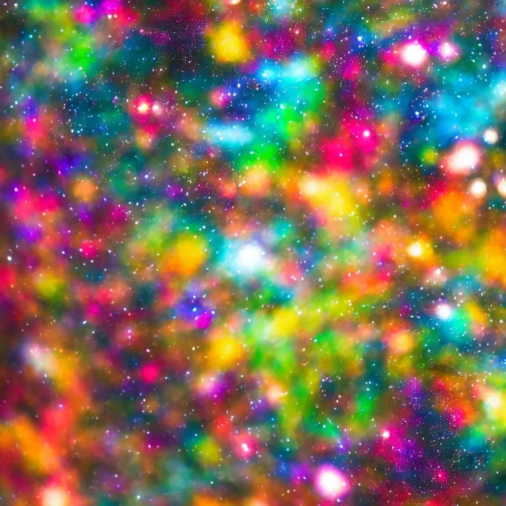 Prompt: close up photo of a glass bottle that is filled with a colorful universe