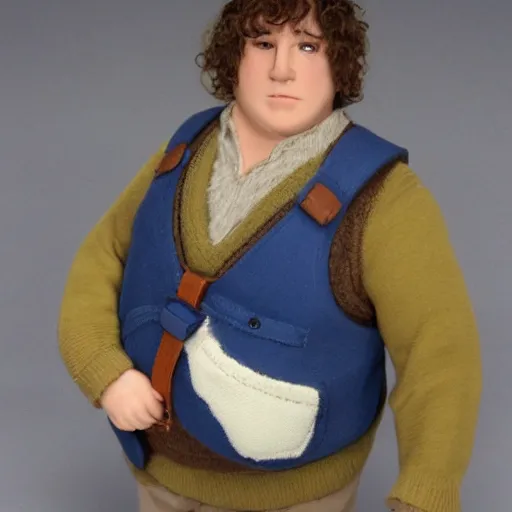 Image similar to (pudgy) british lad with short curly dark brown hair as a hobbit wearing a white men's crossbody sling chest bag and blue vest