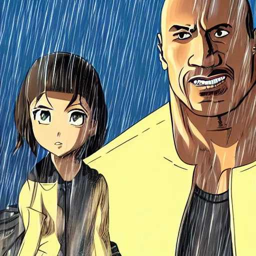 Image similar to A portrait of Dwayne Johnson, in the style of modern anime, city, rain