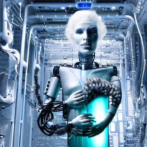 Image similar to the torso of fully a mechanical terminator lady with borg implants, human face and robotic snakes coming out of her head is hanging from cables and wires off the ceiling of an futuristic computer lab and plugged into a quantum computer. Her bottom half is missing with cables hanging out. She is taking a sip from a cup of coffee. Tiny green led lights in her cybernetics. very detailed 8k. Cyberpunk horror style.