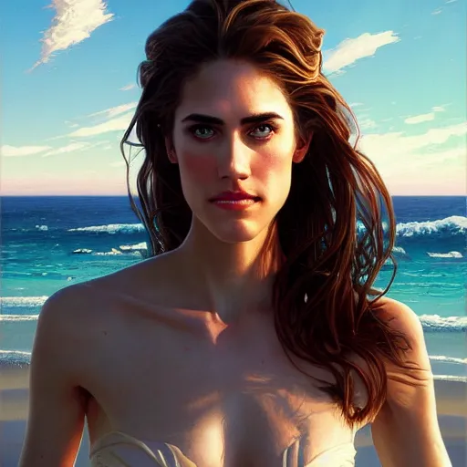 Image similar to beautiful ,allison williams standing in front of a beach, intricate, stunning, highly detailed, digital painting, artstation, concept art, smooth, sharp, focus, illustration, art by artgerm and greg rutkowski and alphonse mucha