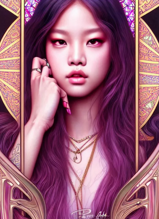 Image similar to jennie of blackpink, queen, tarot card, highly detailed, digital painting, smooth, sharp focus, illustration, ultra realistic, unreal engine, 8 k, art by artgerm and alphonse mucha