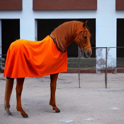 Image similar to horse wearing orange inmate clothes, in a jail