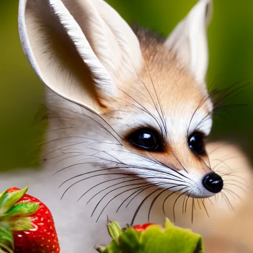 Image similar to baby fennec sneezing on a strawberry, studio photo, droplets, backlit ears