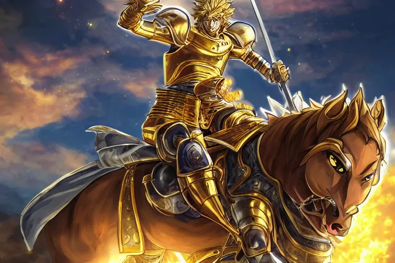 Image similar to an ultra detailed portrait of king richard the lionhearted as a paladin shonen anime protagonist charging into battle wearing bright gold armor and riding a horse blessed by god, epic anime fantasy, 8 k, volumetric lighting, smooth, highly detailed, digital illustration, art by kentaro miura and akira toriyama and artgerm