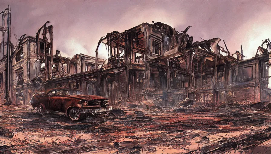 Prompt: A detailed render of a post apocalyptic scene of the whitehouse ruined and devastated by fires, burned down rusty Moscow buses in flood water, sci-fi concept art, by Syd Mead, highly detailed, oil on canvas