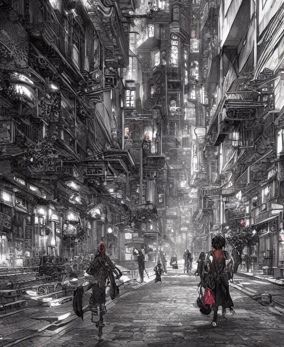 Image similar to a detailed manga style illustration of a subterranean city, by moebius and stephan martiniere, 4 k resolution, detailed, unreal engine, octane render, trending on artstation