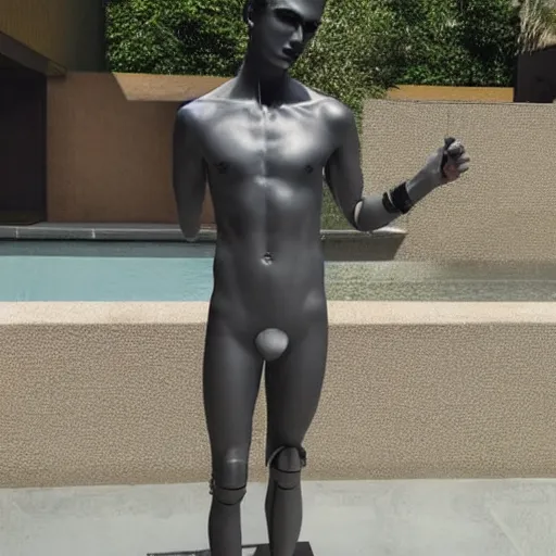 Prompt: “a realistic detailed photo of a guy who is an attractive humanoid who is half robot and half humanoid, who is a male android, twitch streamer Ninja Tyler Blevins, shiny skin, posing like a statue, blank stare, fountain outside house, display”