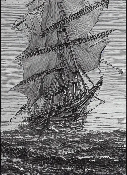 Image similar to realistic galleon on the high seas big waves moonlight, art by james o barr and albrecht durer and gustave dore, woodblock print, steel engraving, black and white, vector, vector art