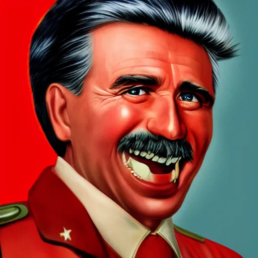 Image similar to hyper realist photograph of staline smiling and biting his lip seductively with the ussr flag behind him, close up, face picture, 4 k, very detailed