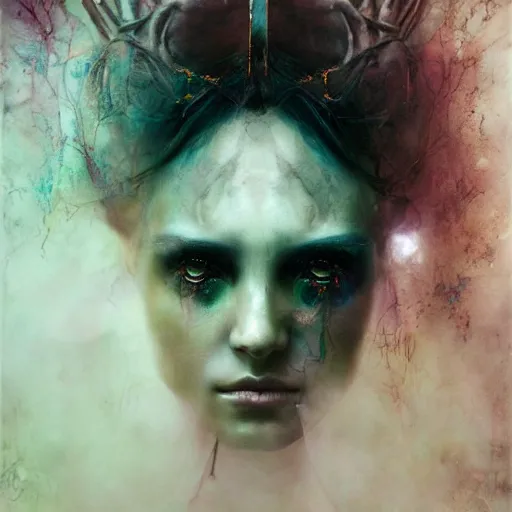 Prompt: demon goddess close-up portrait by cy Twombly and BASTIEN LECOUFFE DEHARME, iridescent fractal, high tech