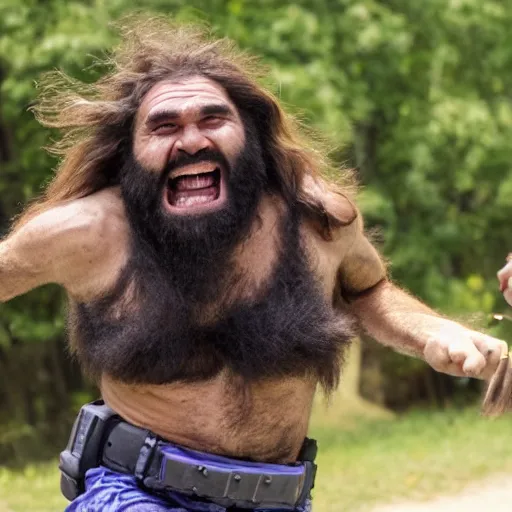 Prompt: smiling caveman being chased in the style of police bodycam footage
