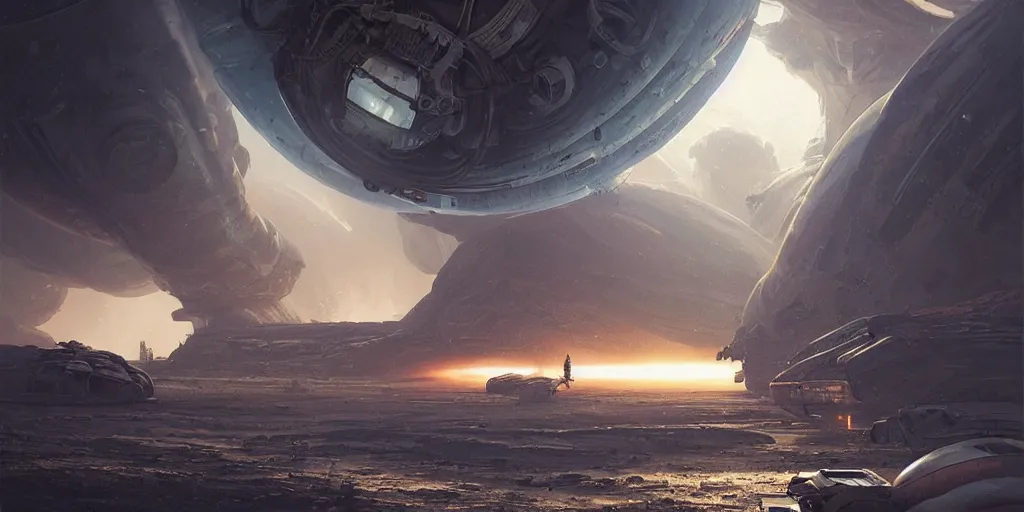 Image similar to landed space station on alien planet digital art by greg rutkowski. hyperreal highly detailed 8 k. intricate. lifelike. soft light. nikon d 8 5 0.