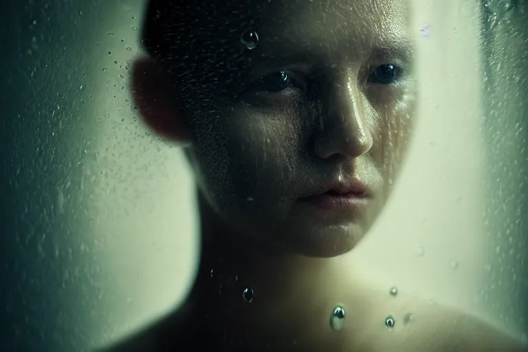 Image similar to an ultra realistic, cinematic, fantasy, portrait, of a woman, face in water, fire, dramatic, soft light, dreamy, facial features, stood in a cell, with prison clothing, detailed, deep focus, movie still, dramatic lighting, ray tracing, by michal karcz and yoshitaka