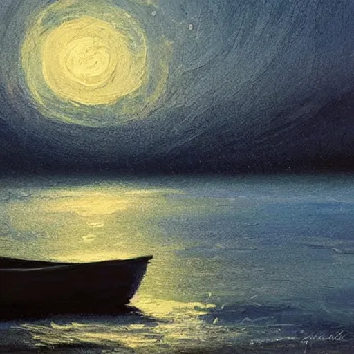 Prompt: a small boat under a moonlit sky with sparkling water. beautiful use of light and shadow to create a sense of depth and movement. using energetic brushwork and a limited color palette, providing a distinctive look and expressive quality in a rhythmic composition
