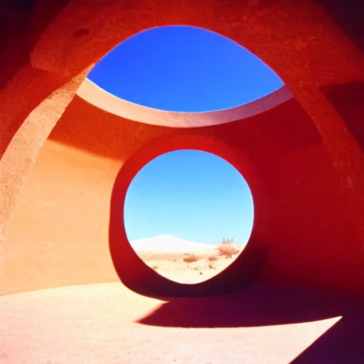 Image similar to a photo taken from inside circular Non-Euclidean clay building sitting in the desert, vintage photo, beautiful cinematography, blue sky, film grain, symmetrical, James Turrell