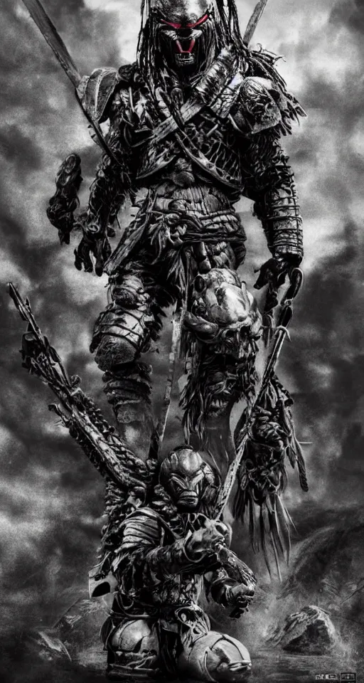 Prompt: movie ( predator vs samurai ) film poster art for hiroyuki sanada as samurai verses predator. in the style of ansel adams, frank frazzetta, realistic, detailed, octane