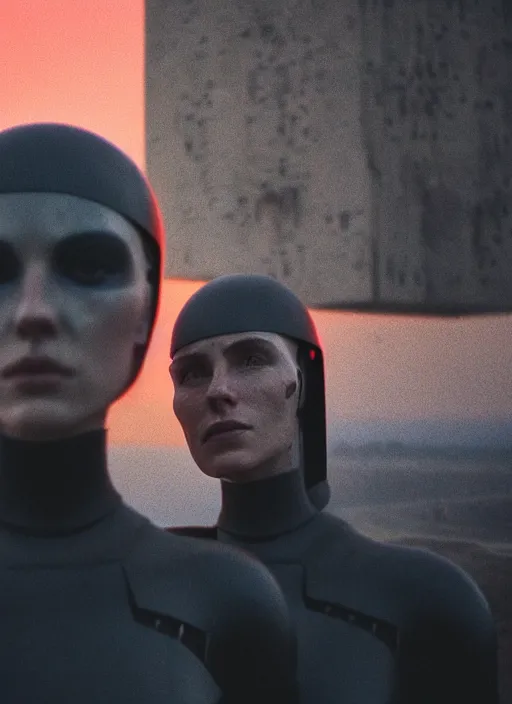 Image similar to cinestill 5 0 d photographic portrait of two loving female androids wearing rugged black techwear on a desolate plain with a brutalist monument and a red sky, extreme closeup, cyberpunk style, dust storm, 8 k, hd, high resolution, 3 5 mm, f / 3 2, ultra realistic faces, ex machina