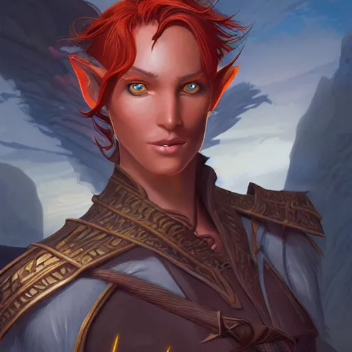 Image similar to dnd character illustration of a dark tanned half - elf with messy short red hair and golden eyes with slit pupils, androgynous, feral, beautiful, glowing, golden hour, by ross tran and gerald brom