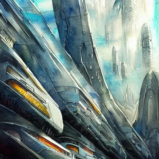 Image similar to Beautiful futuristic sci-fi city in harmony with nature. Nice colour scheme, soft warm colour. Beautiful detailed watercolor by Lurid. (2022)