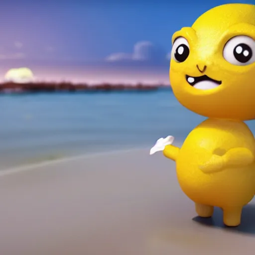 Image similar to a supercute cartoonnetwork lemon character, that is cute and good looking, it's is relaxing on a beach, by dalle - 2, octane render, 3 d, volumetric lightening,