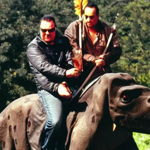 Prompt: A dinosaur riding on Steven Seagal